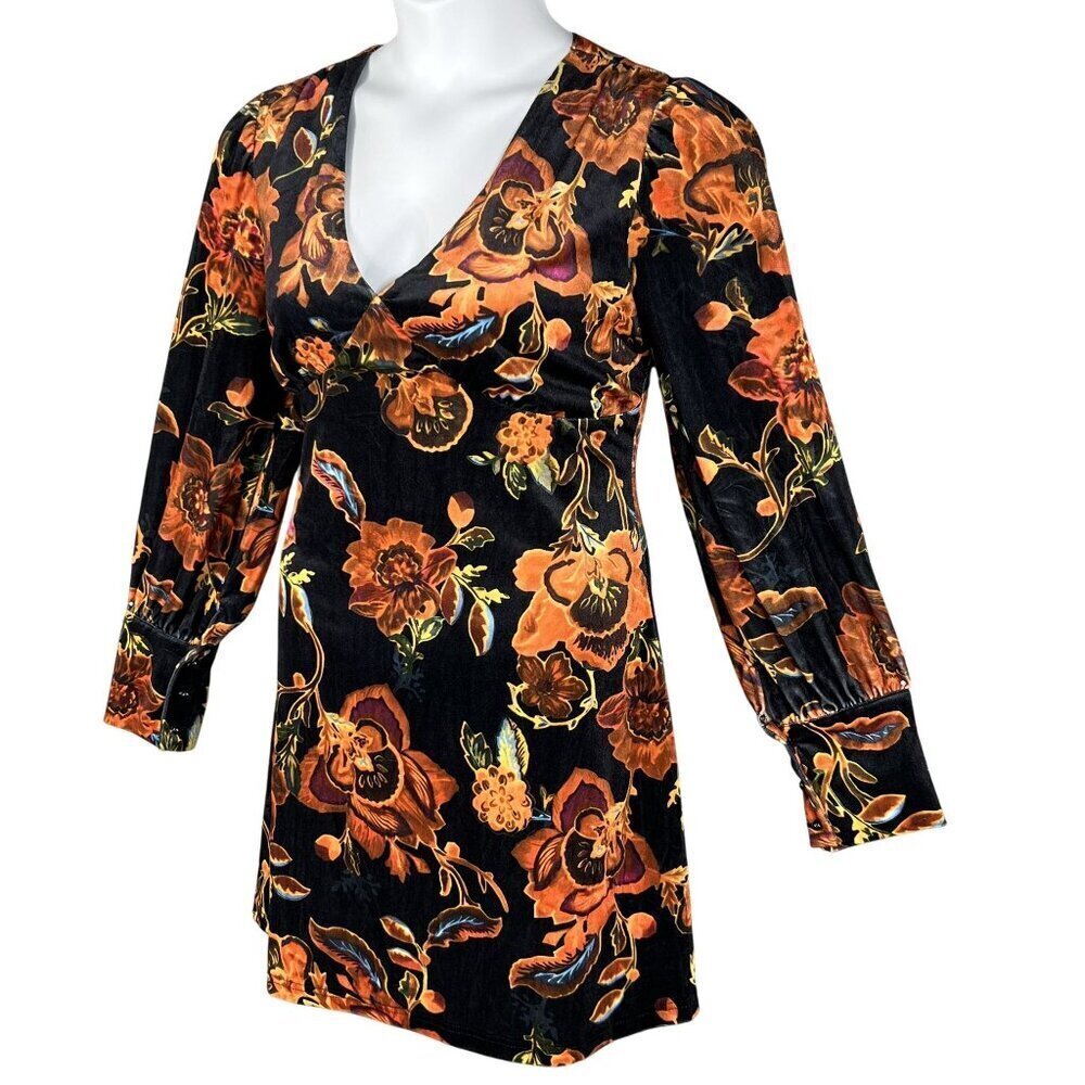 Nwt Cider Dress Xl Black Velvet Orange Floral Babydoll Long Sleeve Whimsigoth — image 7 of 8